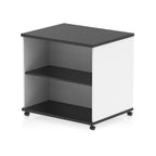 Mobile white and black bookcase with one shelf on a white background