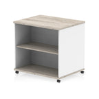Mobile white and wooden bookcase with one shelf on a white background