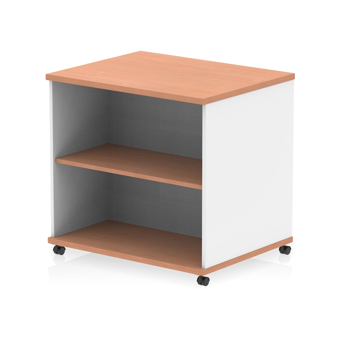Mobile white and wooden bookcase with one shelf on a white background