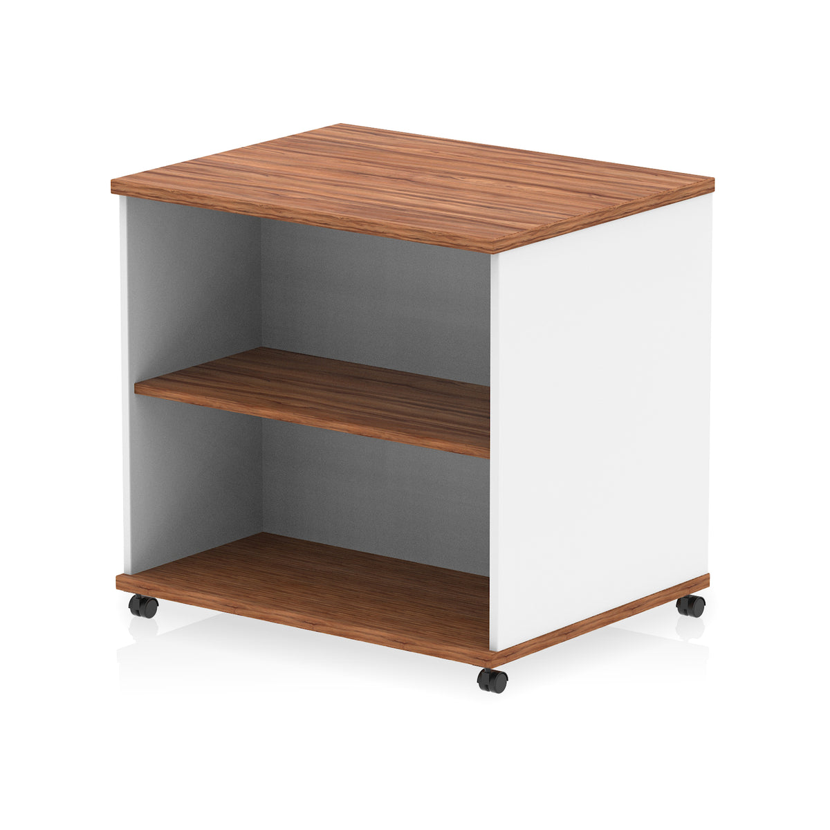 Mobile white and wooden bookcase with one shelf on a white background