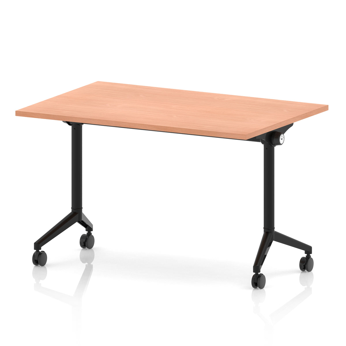 Rectangular table with a wood-effect flip top and black metal legs on wheels against a white background