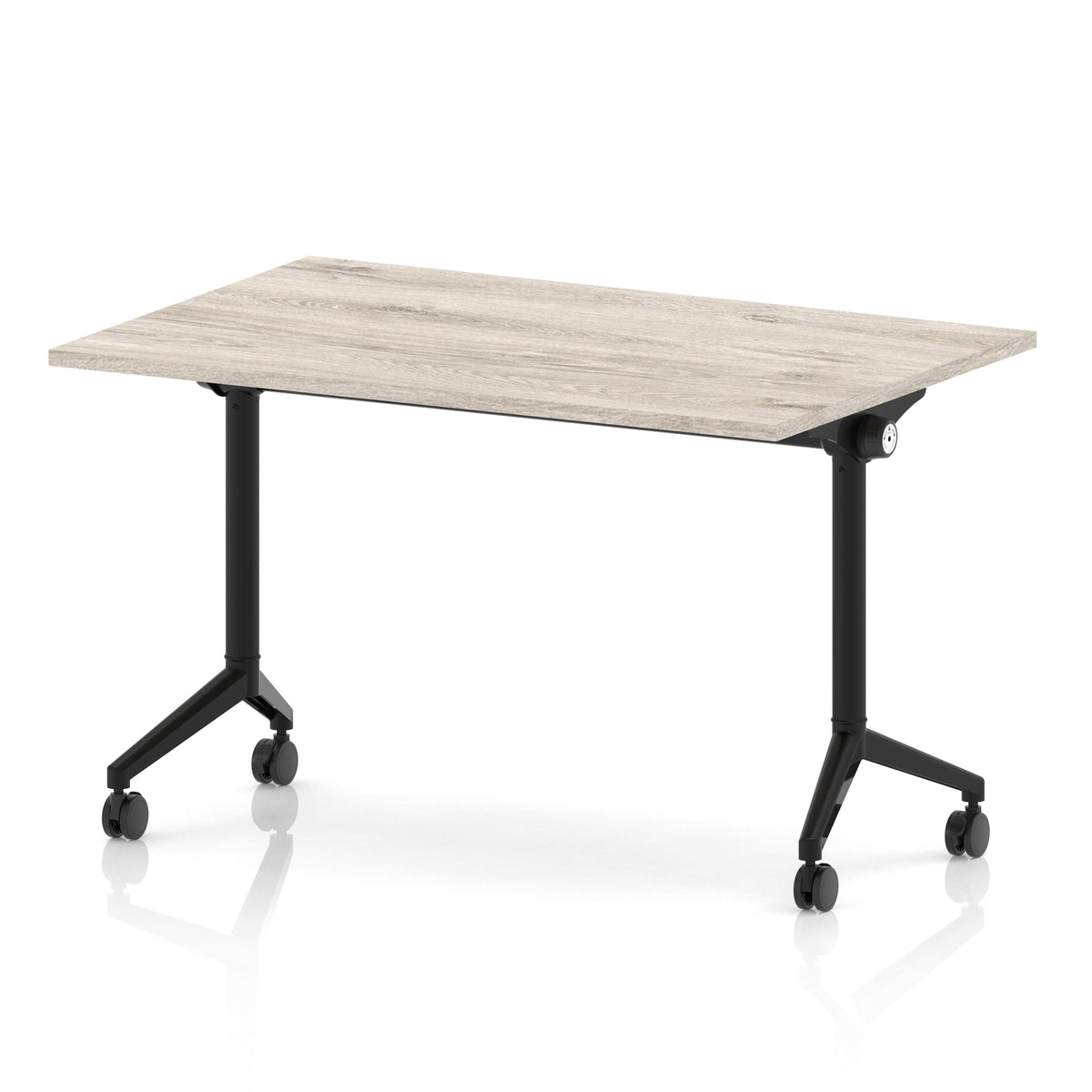 Rectangular table with a grey wood-effect flip top and black metal legs on wheels against a white background