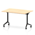Rectangular table with a wood-effect flip top and black metal legs on wheels against a white background