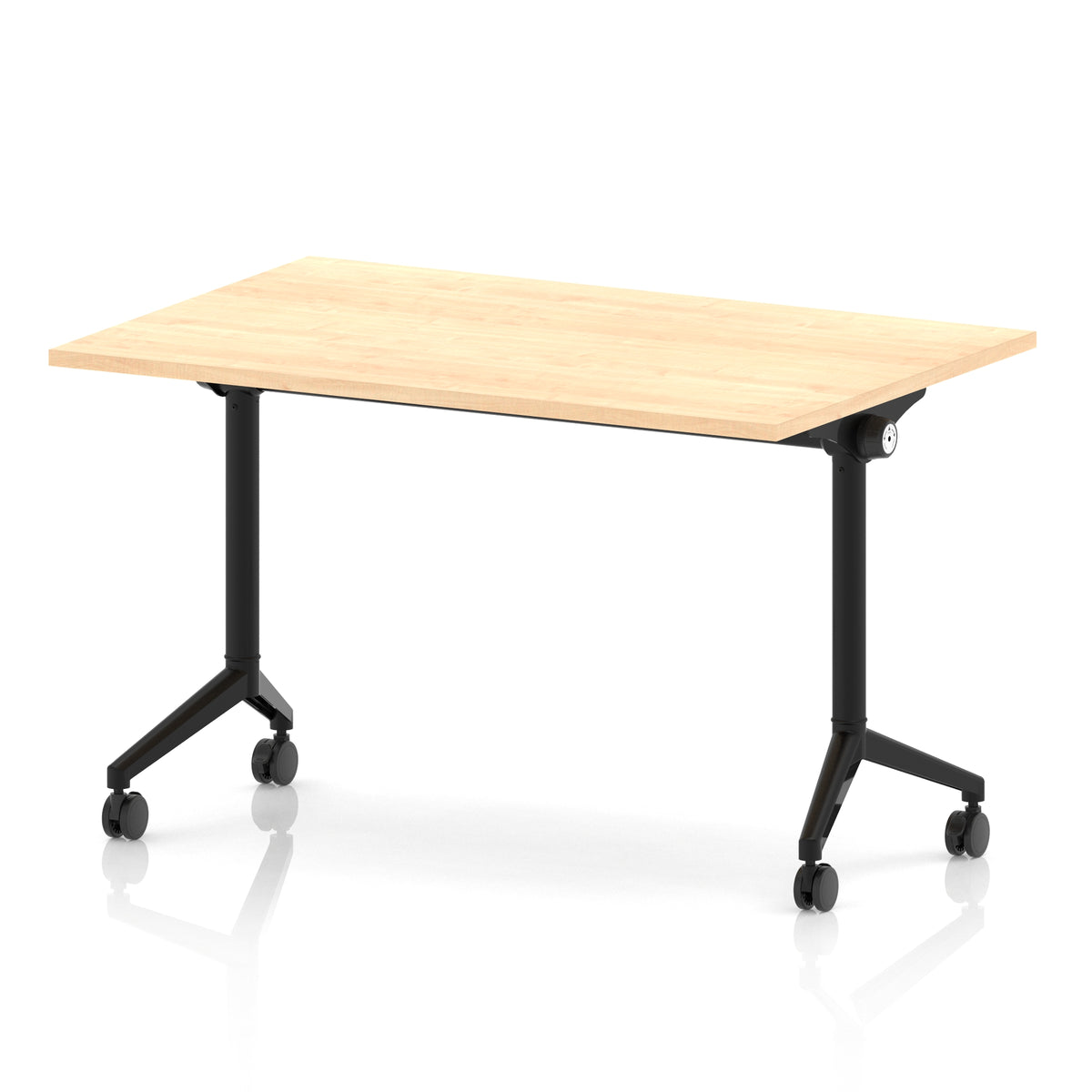 Rectangular table with a wood-effect flip top and black metal legs on wheels against a white background