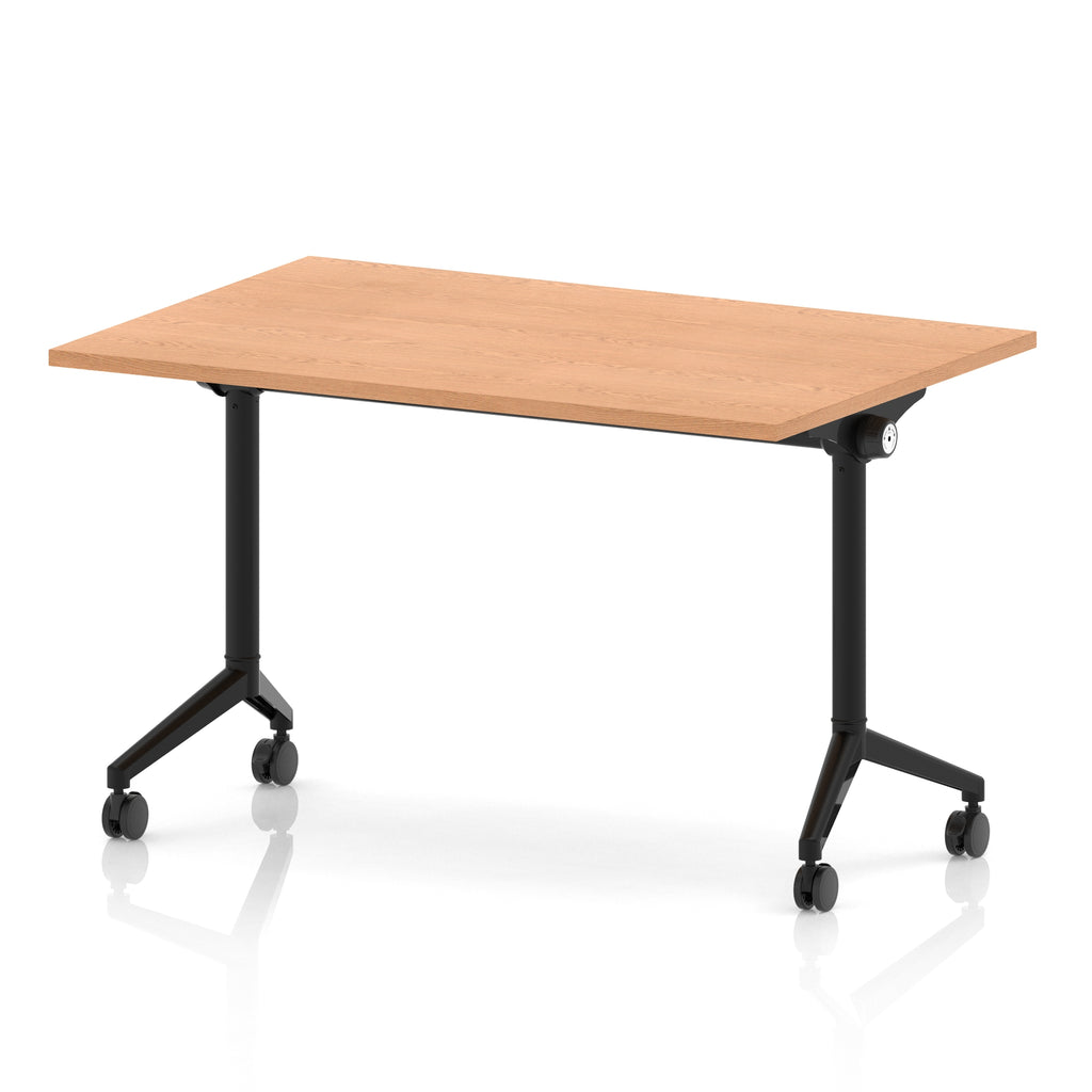 Rectangular table with a wood-effect flip top and black metal legs on wheels against a white background