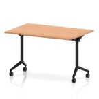 Rectangular table with a wood-effect flip top and black metal legs on wheels against a white background