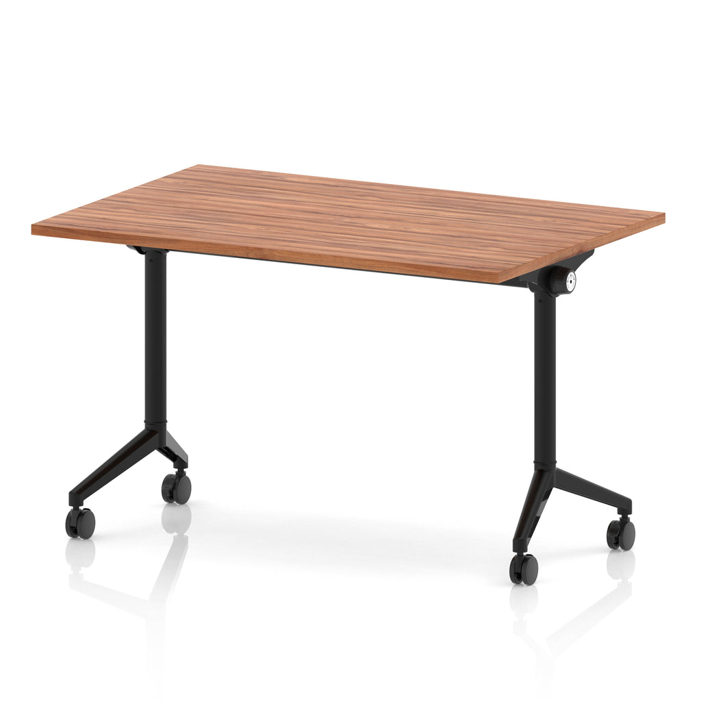 Rectangular table with a wood-effect flip top and black metal legs on wheels against a white background