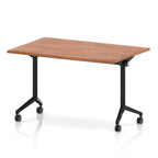 Rectangular table with a wood-effect flip top and black metal legs on wheels against a white background