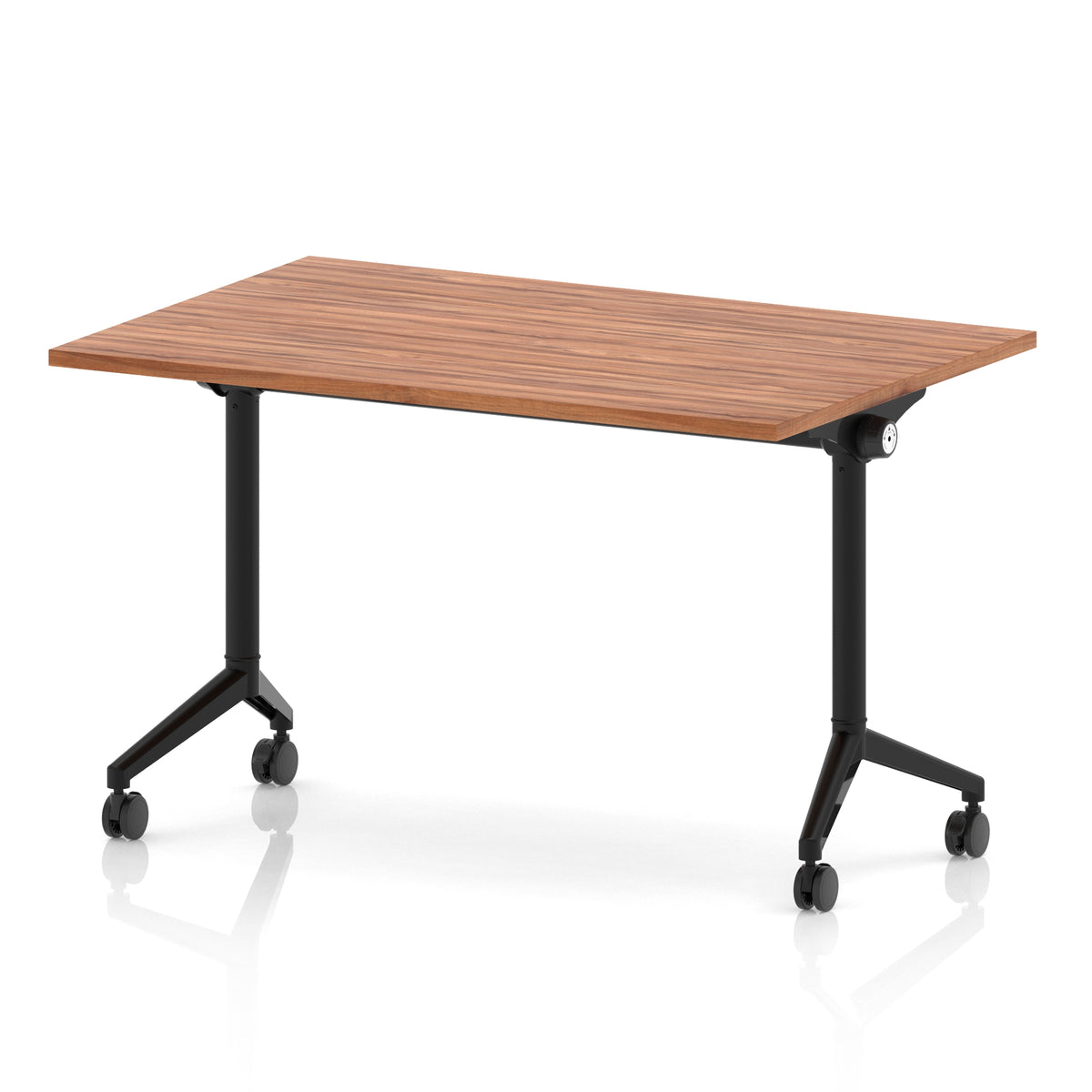 Rectangular table with a wood-effect flip top and black metal legs on wheels against a white background