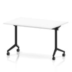 Rectangular table with a white flip top and black metal legs on wheels against a white background