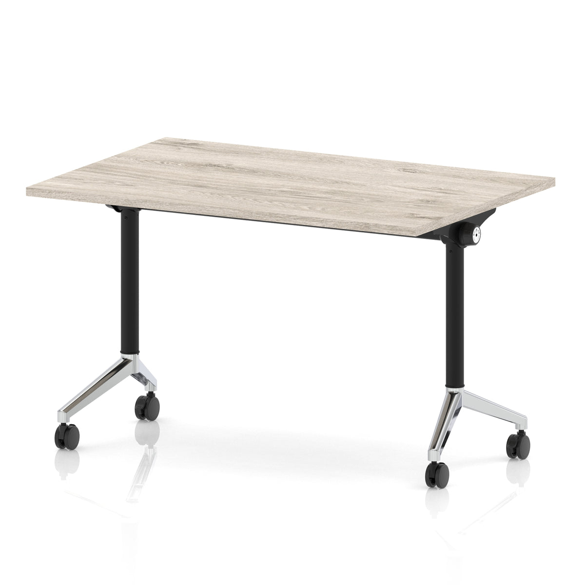 Rectangular table with a grey wood-effect flip top and black and chrome metal legs on wheels against a white background