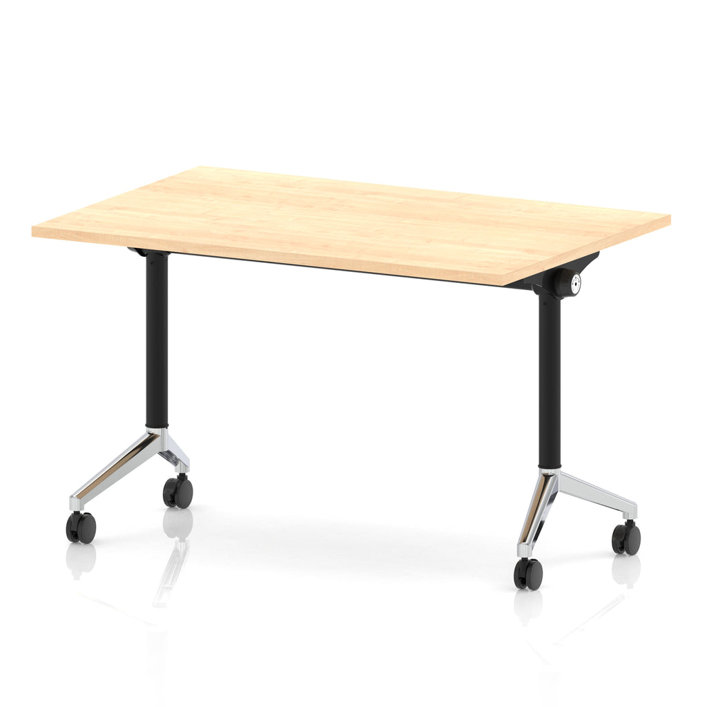 Rectangular table with a wood-effect flip top and black and chrome metal legs on wheels against a white background