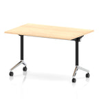 Rectangular table with a wood-effect flip top and black and chrome metal legs on wheels against a white background