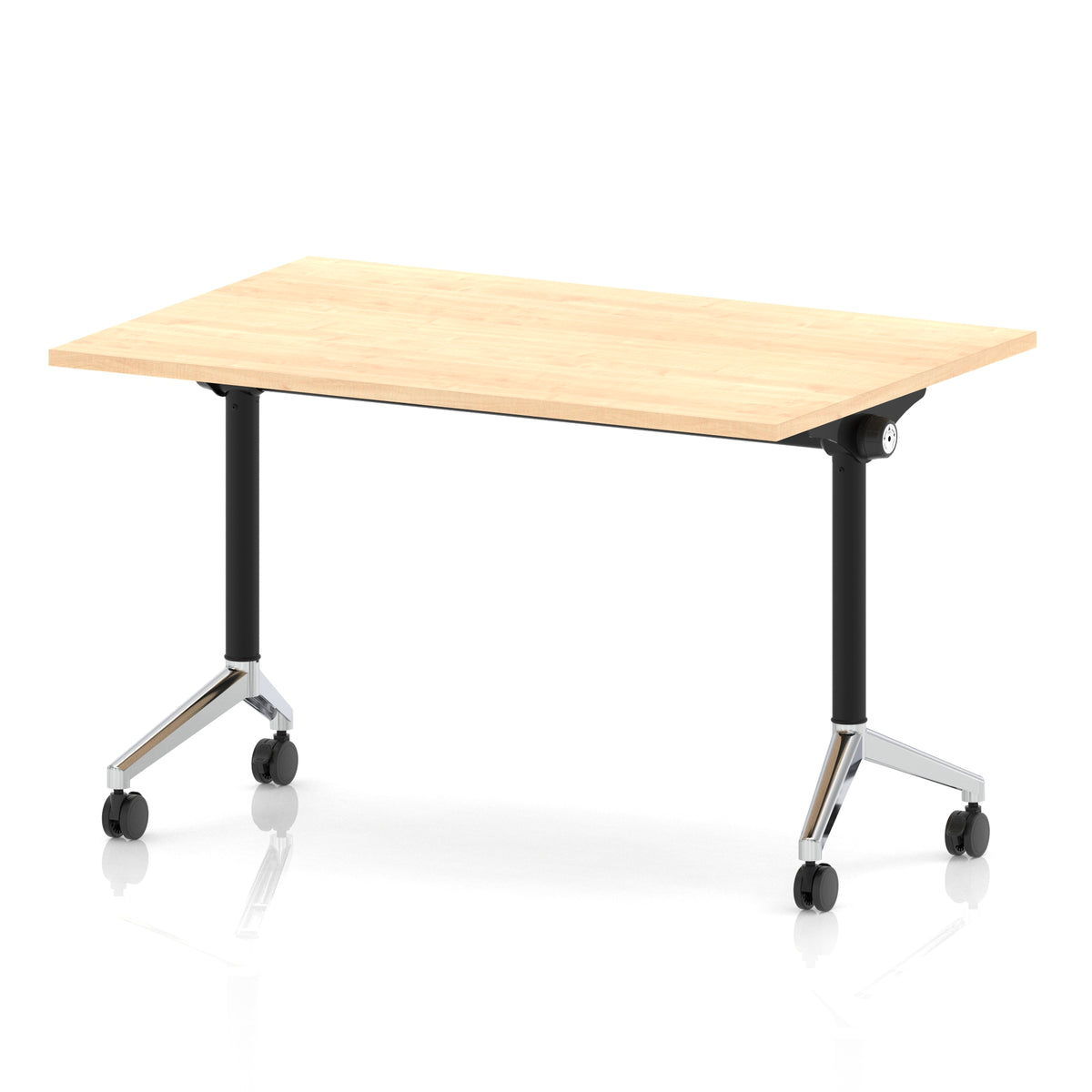 Rectangular table with a wood-effect flip top and black and chrome metal legs on wheels against a white background