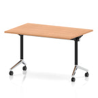 Rectangular table with a wood-effect flip top and black and chrome metal legs on wheels against a white background