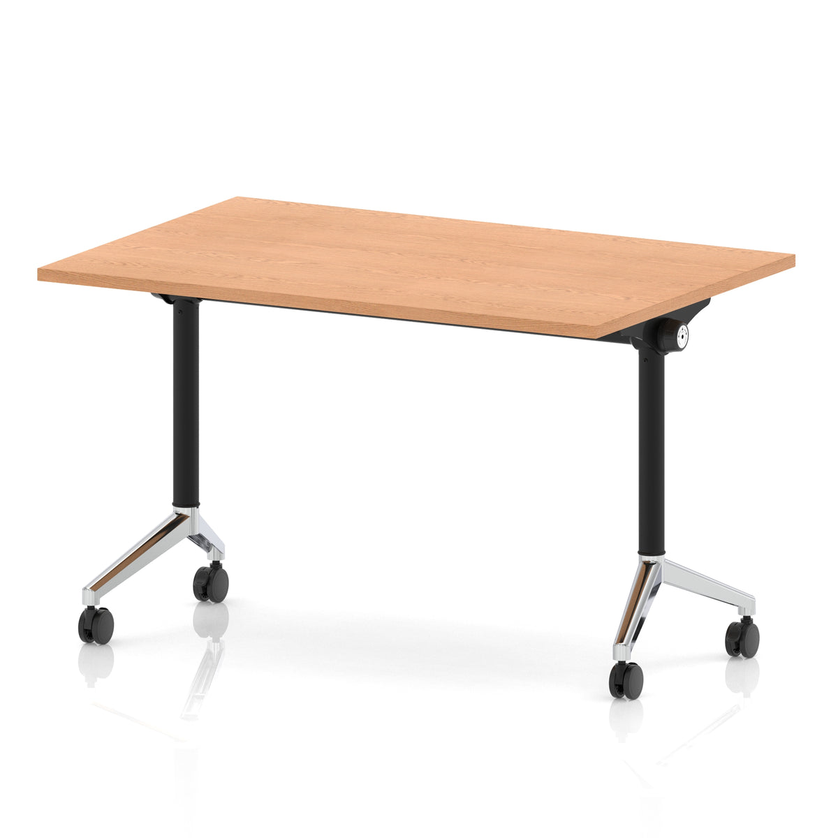 Rectangular table with a wood-effect flip top and black and chrome metal legs on wheels against a white background