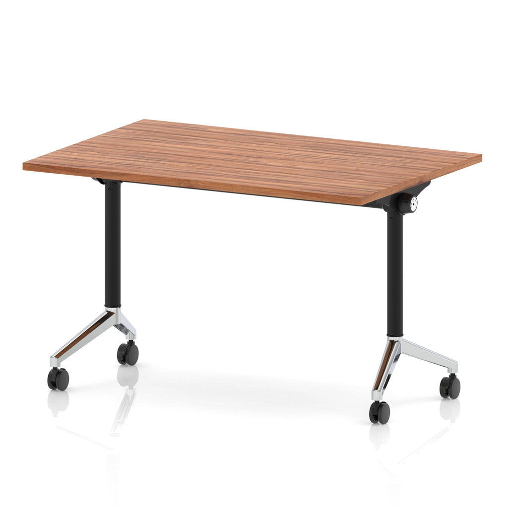 Rectangular table with a wood-effect flip top and black and chrome metal legs on wheels against a white background