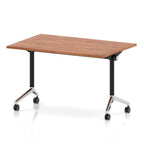 Rectangular table with a wood-effect flip top and black and chrome metal legs on wheels against a white background