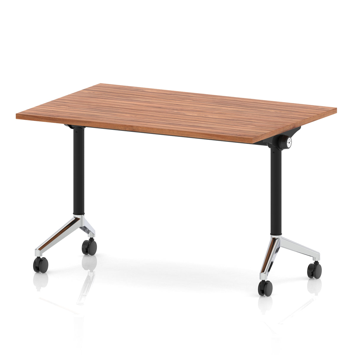 Rectangular table with a wood-effect flip top and black and chrome metal legs on wheels against a white background