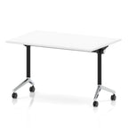 Rectangular table with a white flip top and black and chrome metal legs on wheels against a white background
