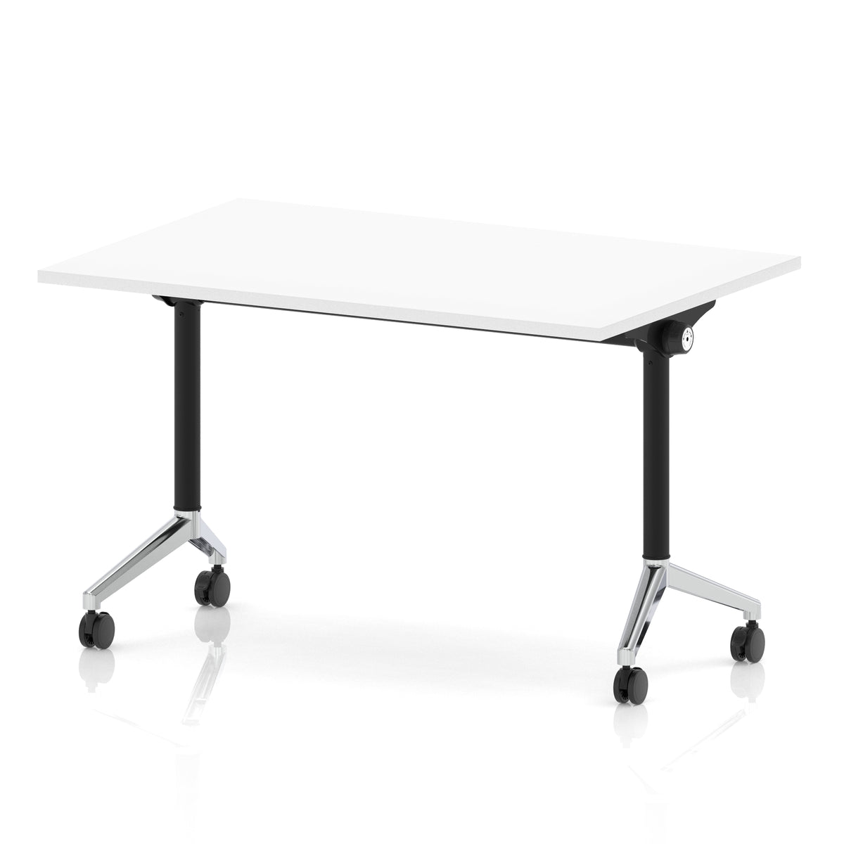 Rectangular table with a white flip top and black and chrome metal legs on wheels against a white background