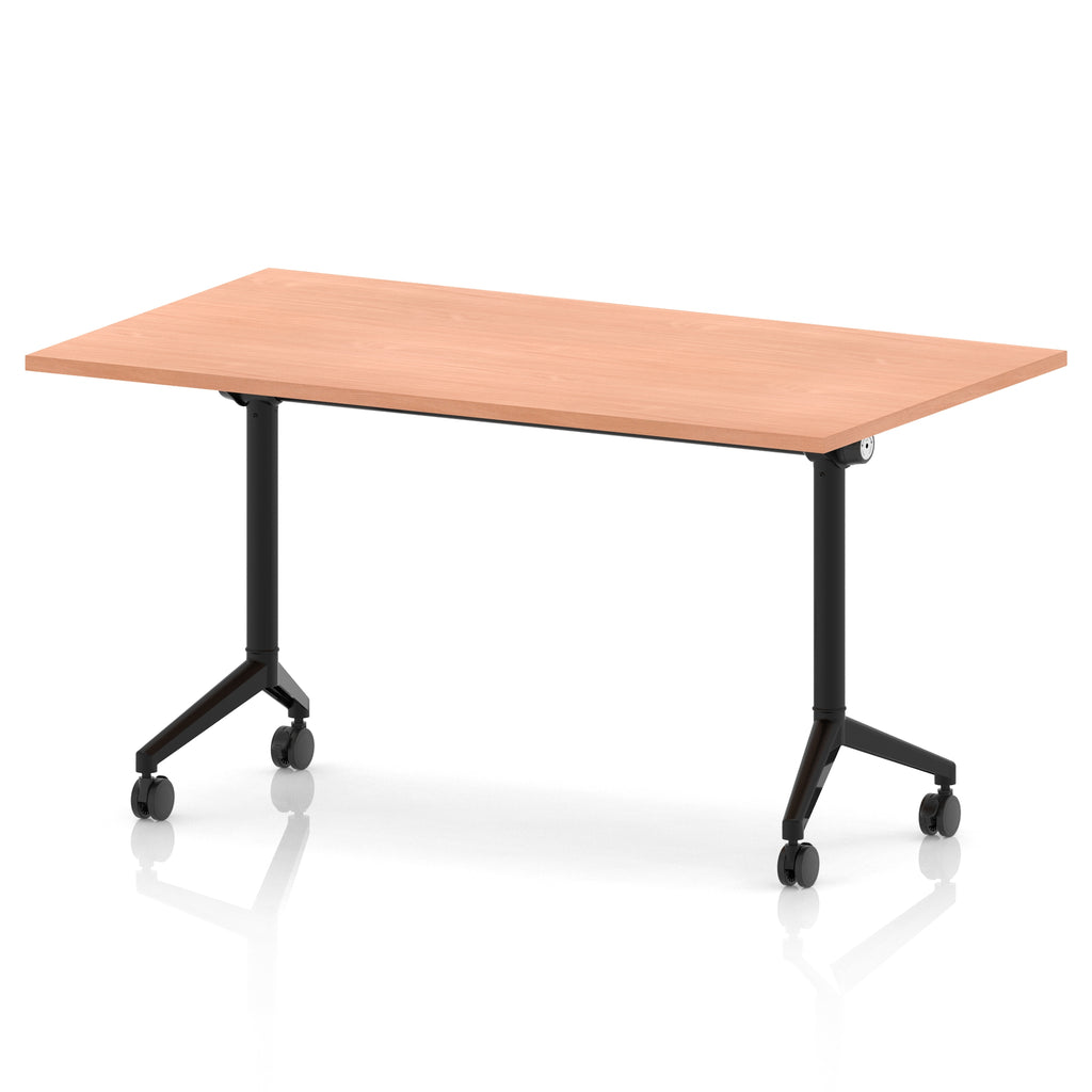 Rectangular table with a wood-effect flip top and black metal legs on wheels against a white background
