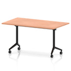 Rectangular table with a wood-effect flip top and black metal legs on wheels against a white background