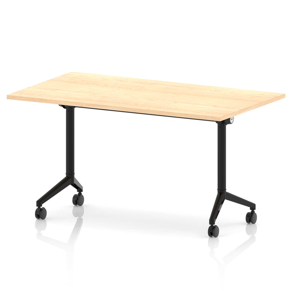Rectangular table with a wood-effect flip top and black metal legs on wheels against a white background