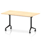 Rectangular table with a wood-effect flip top and black metal legs on wheels against a white background