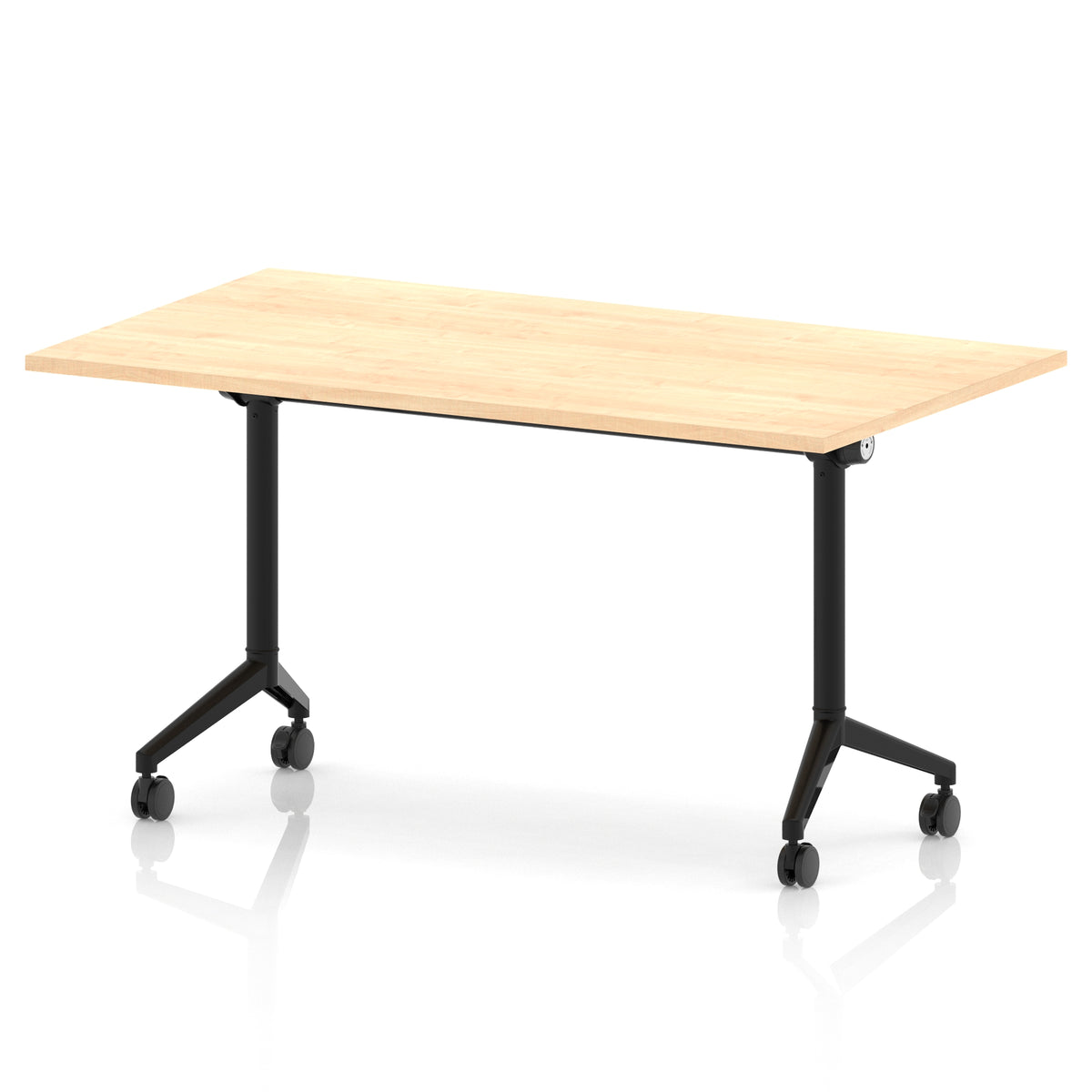 Rectangular table with a wood-effect flip top and black metal legs on wheels against a white background