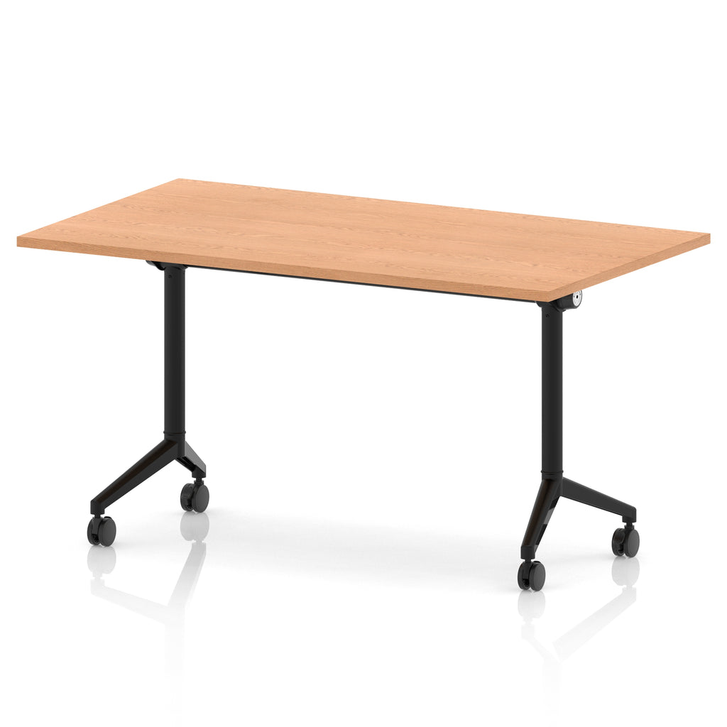 Rectangular table with a wood-effect flip top and black metal legs on wheels against a white background