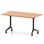 Rectangular table with a wood-effect flip top and black metal legs on wheels against a white background