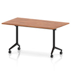 Rectangular table with a wood-effect flip top and black metal legs on wheels against a white background