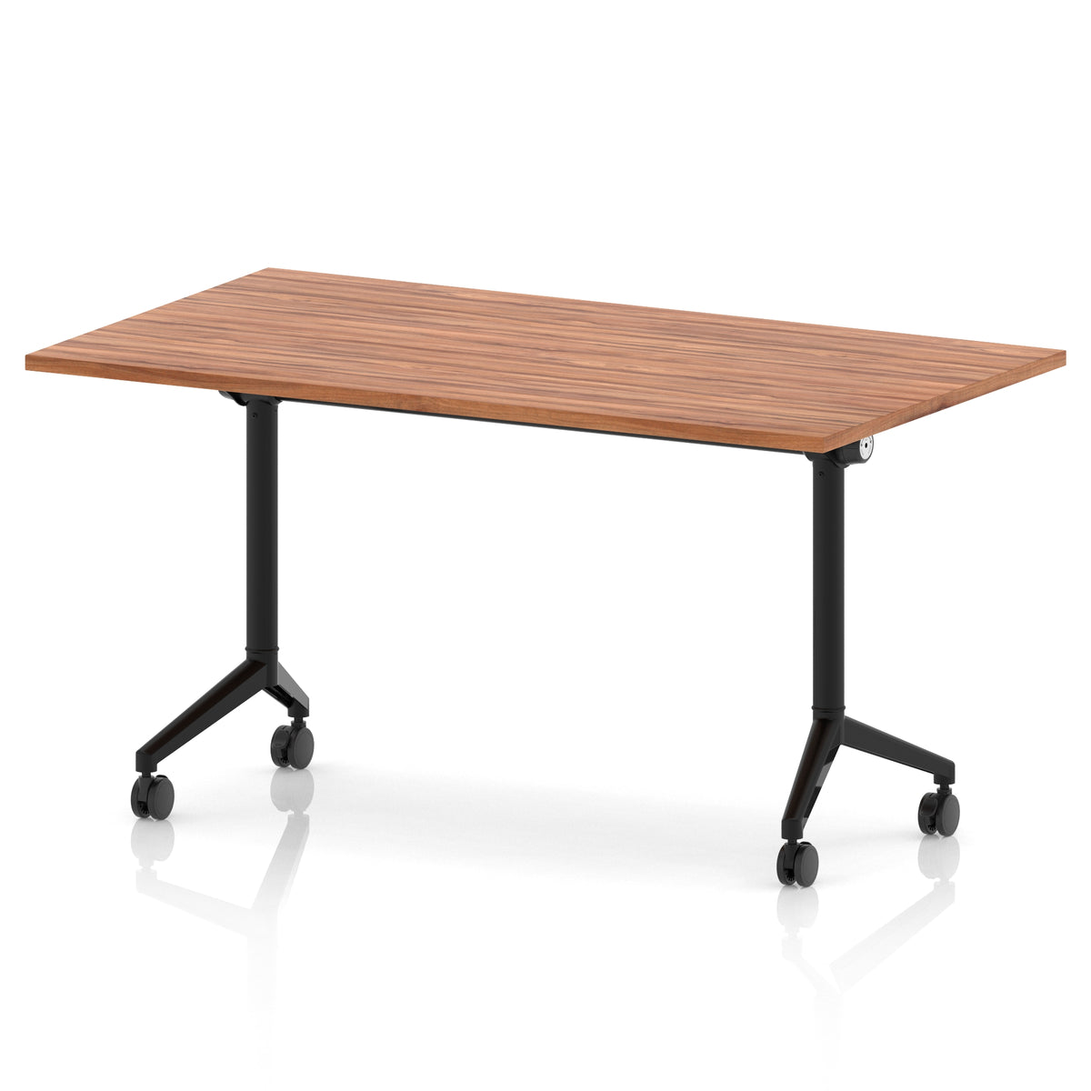 Rectangular table with a wood-effect flip top and black metal legs on wheels against a white background