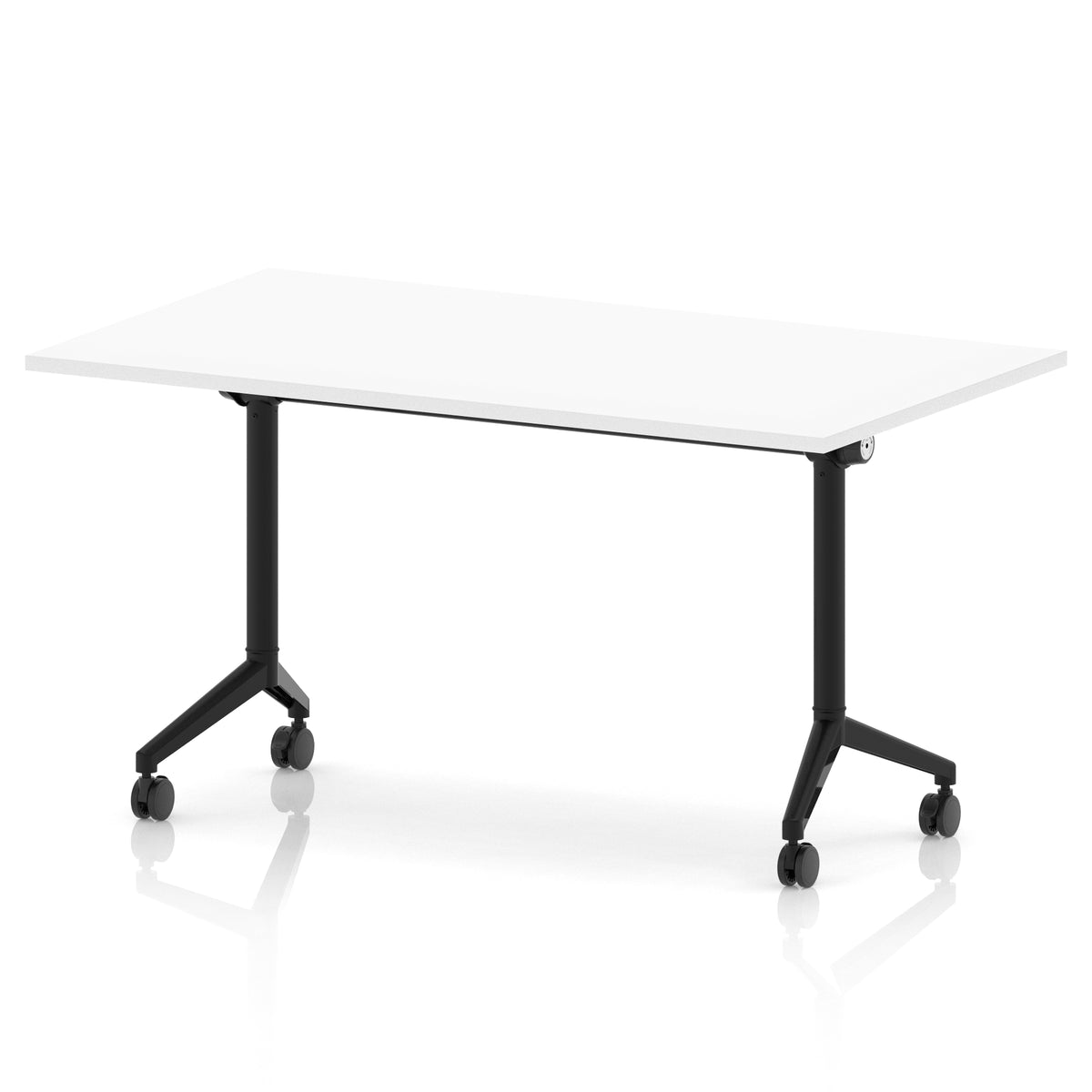 Rectangular table with a white flip top and black metal legs on wheels against a white background