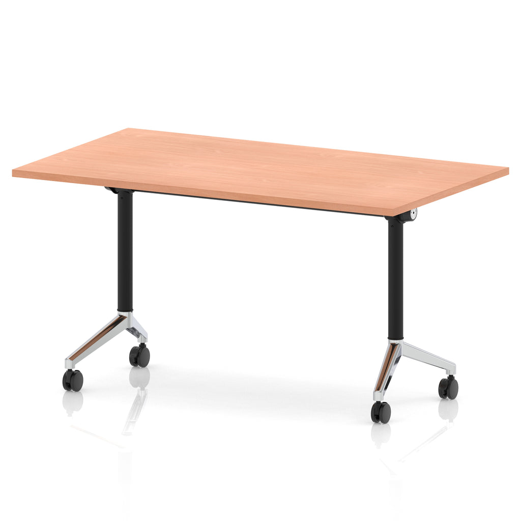 Rectangular table with a wood-effect flip top and black and chrome metal legs on wheels against a white background
