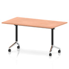 Rectangular table with a wood-effect flip top and black and chrome metal legs on wheels against a white background