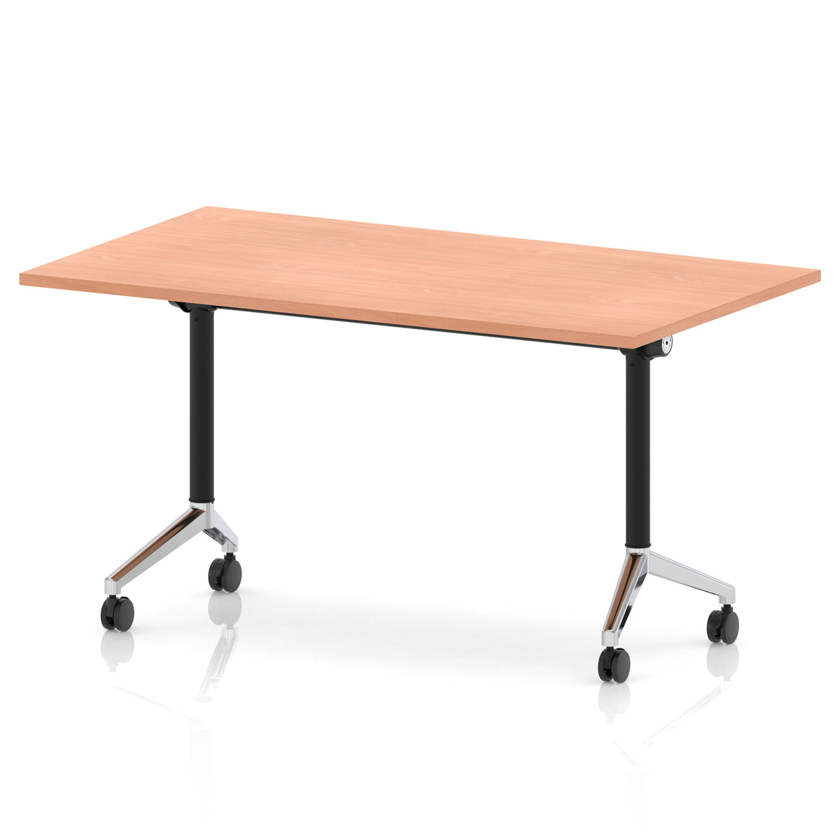 Rectangular table with a wood-effect flip top and black and chrome metal legs on wheels against a white background