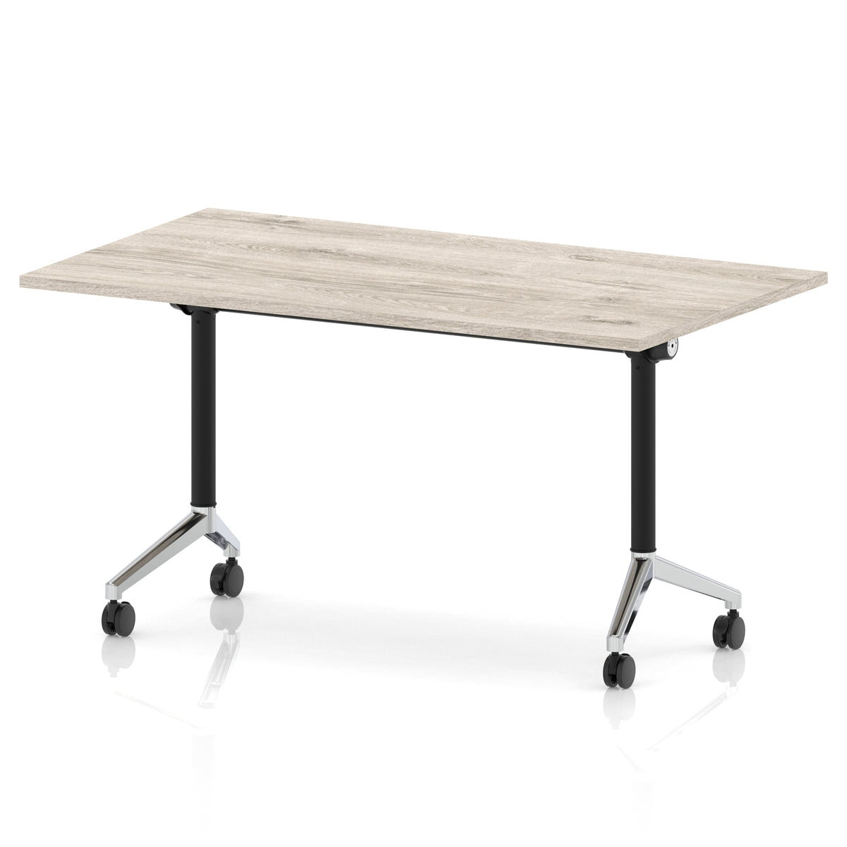Rectangular table with a grey wood-effect flip top and black and chrome metal legs on wheels against a white background