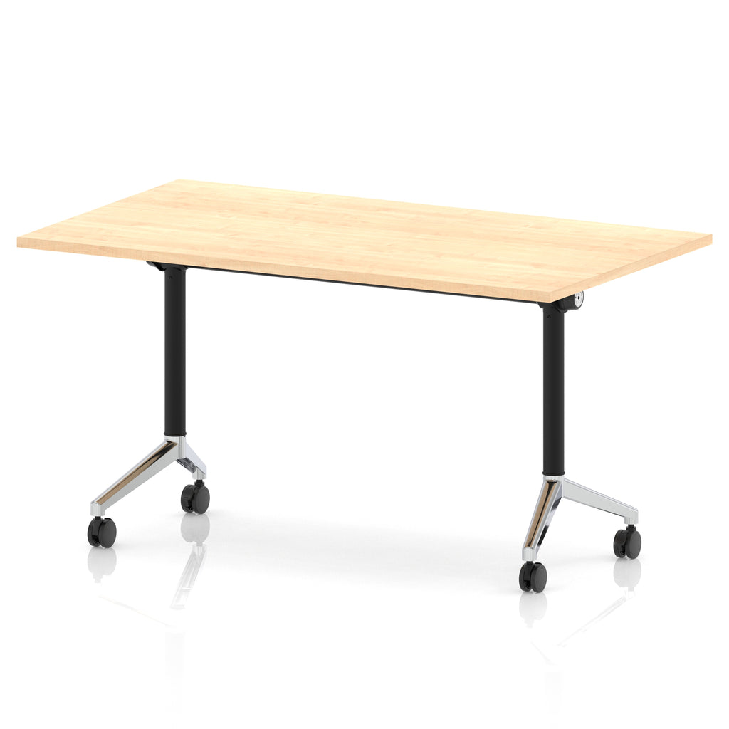 Rectangular table with a wood-effect flip top and black and chrome metal legs on wheels against a white background
