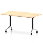 Rectangular table with a wood-effect flip top and black and chrome metal legs on wheels against a white background
