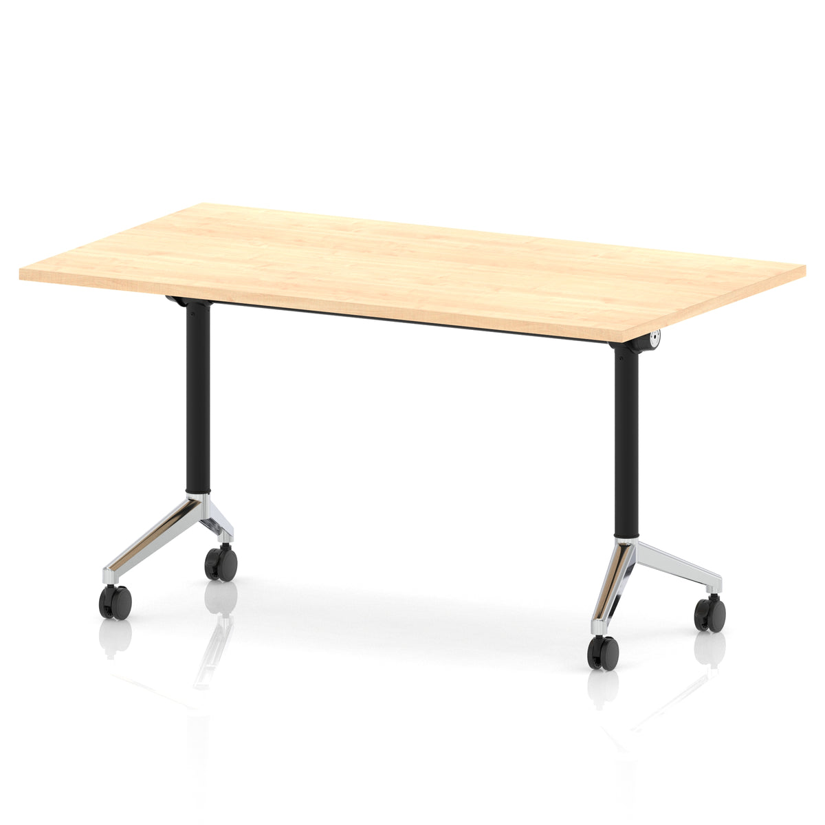 Rectangular table with a wood-effect flip top and black and chrome metal legs on wheels against a white background