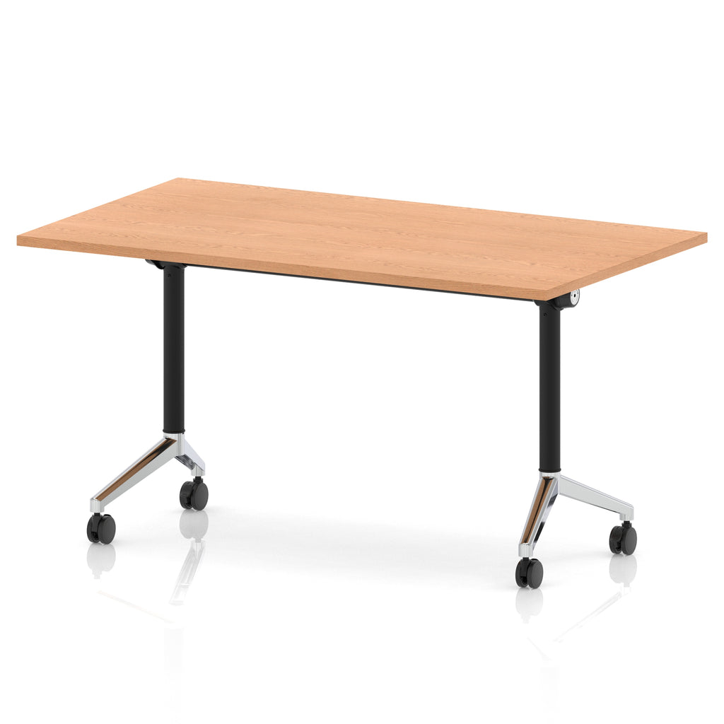 Rectangular table with a wood-effect flip top and black and chrome metal legs on wheels against a white background