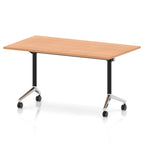 Rectangular table with a wood-effect flip top and black and chrome metal legs on wheels against a white background
