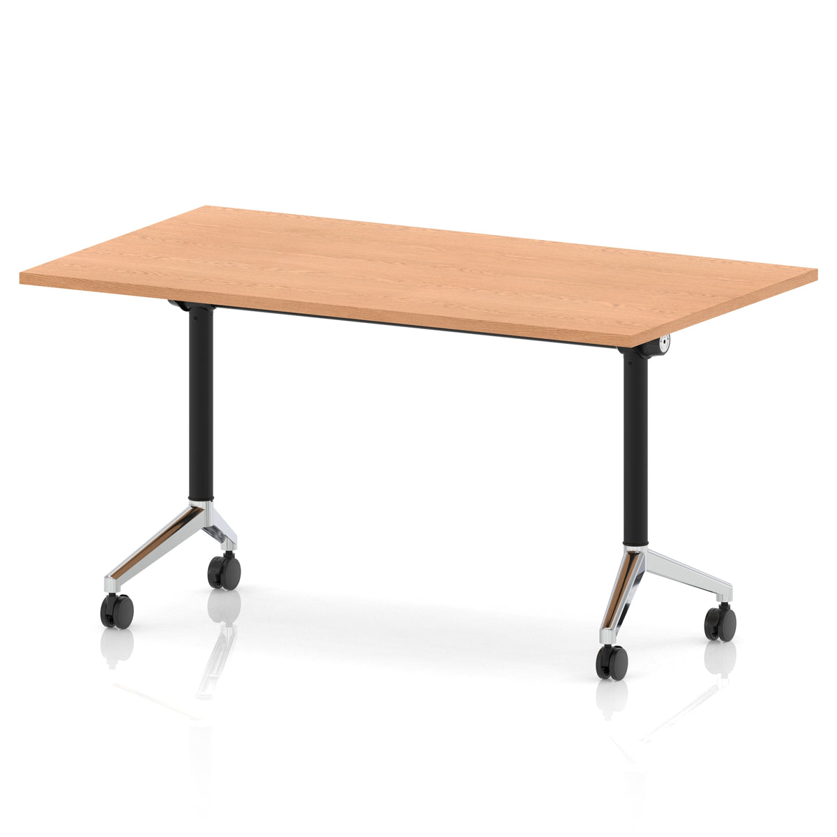 Rectangular table with a wood-effect flip top and black and chrome metal legs on wheels against a white background