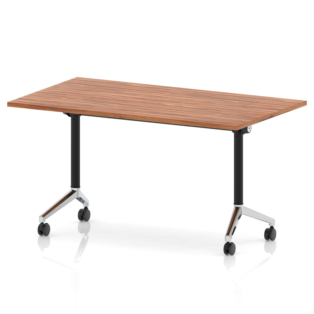 Rectangular table with a wood-effect flip top and black and chrome metal legs on wheels against a white background