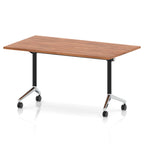 Rectangular table with a wood-effect flip top and black and chrome metal legs on wheels against a white background