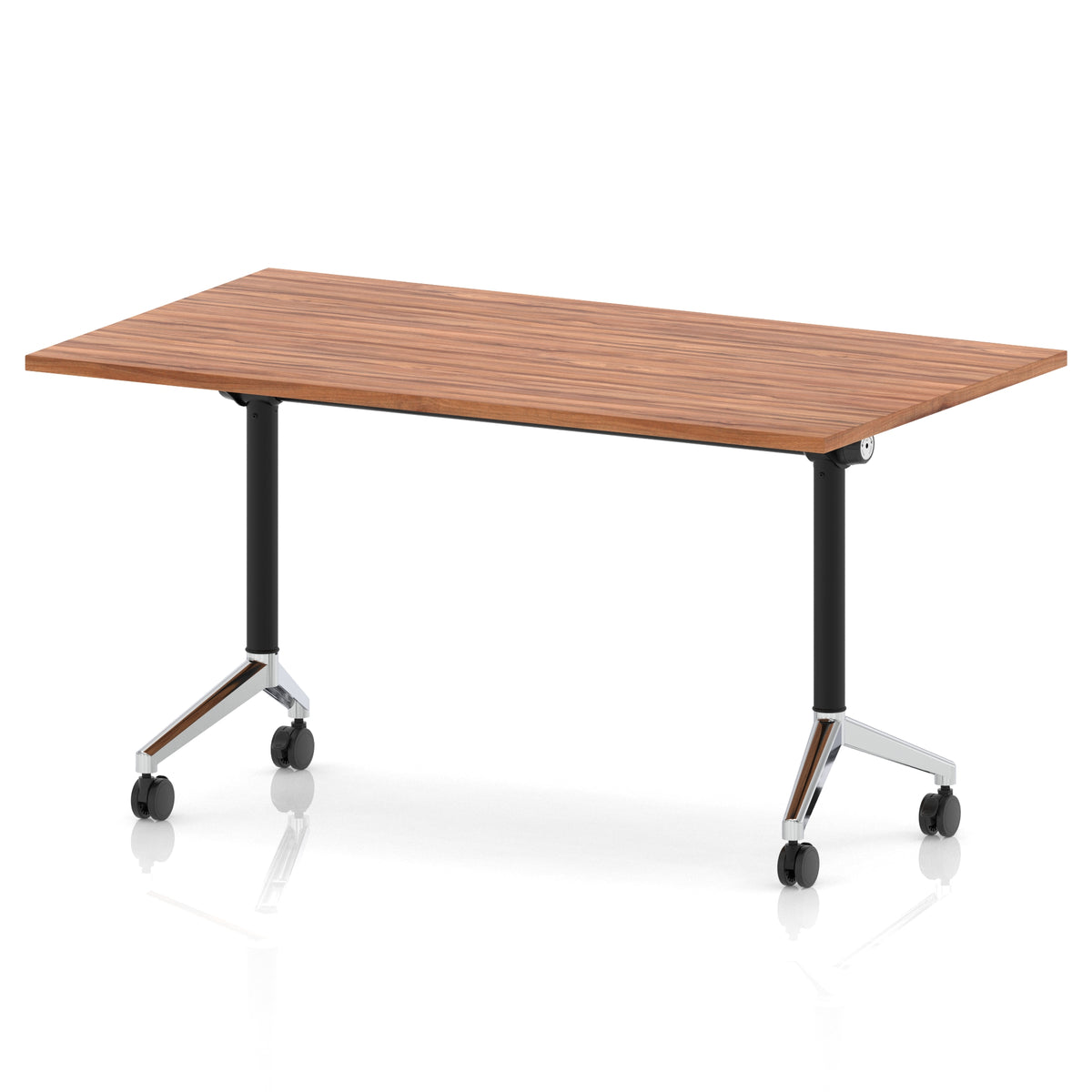 Rectangular table with a wood-effect flip top and black and chrome metal legs on wheels against a white background