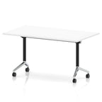 Rectangular table with a white flip top and black and chrome metal legs on wheels against a white background