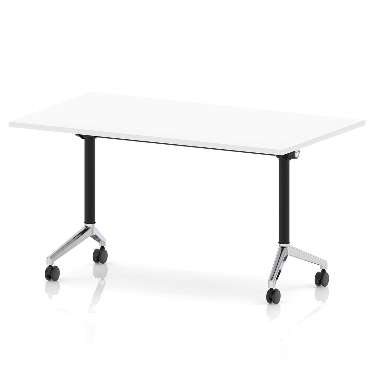 Rectangular table with a white flip top and black and chrome metal legs on wheels against a white background